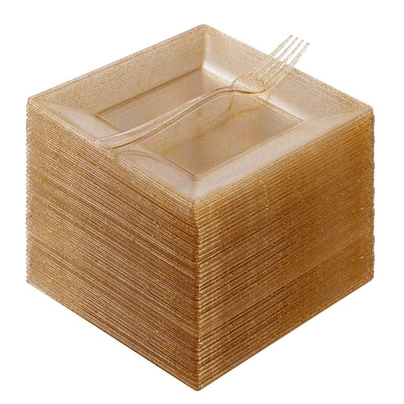 Goodluck 120PCS 6.5"Square Gold Glitter Dessert Plastic Plates with 7.4"Forks, Gold Appetizer Plates for 60 Guests, Including 60 Disposable Cake Plastic Plates and 60 Forks for Wedding/Birthday Party - Image 1