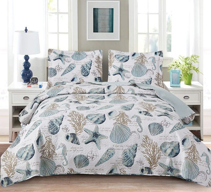 SUMMER BEACH BEDSPREADS SET SEASHELL CONCH COVERLET SETS FULLQUEEN SIZE3PCS LIGHTWEIGHT COASTAL QUILTS STARFISH SEAHORSE SEAWEED PRINTED BEDDING PILLOW SHAMS