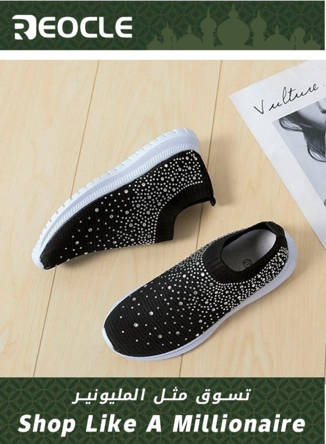 Women's Mesh Walking Shoes Rhinestone Glitter Slip On Loafers Ballroom Jazz Latin Dance Sock Sneakers Knitted Anti-Slip Sneakers Casual
