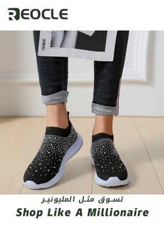 REOCLE Women's Mesh Walking Shoes Rhinestone Glitter Slip On Loafers Ballroom Jazz Latin Dance Sock Sneakers Knitted Anti-Slip Sneakers Casual  - Image 2