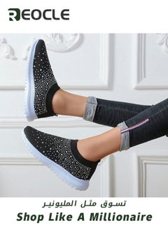 REOCLE Women's Mesh Walking Shoes Rhinestone Glitter Slip On Loafers Ballroom Jazz Latin Dance Sock Sneakers Knitted Anti-Slip Sneakers Casual  - Image 3