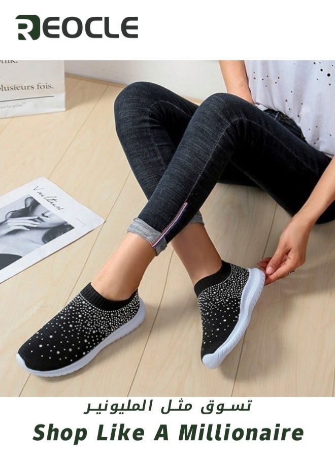 REOCLE Women's Mesh Walking Shoes Rhinestone Glitter Slip On Loafers Ballroom Jazz Latin Dance Sock Sneakers Knitted Anti-Slip Sneakers Casual  - Image 4