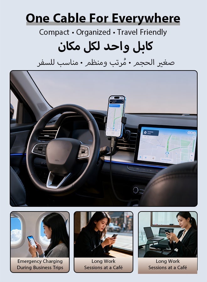 وابيك كيبل شحن مغناطيسي 4 في 1 من WAPIK بطول 1.2 متر، سلك USB C ولايتنينج ذاتي الالتفاف، شحن سريع PD بقوة 240 واط، سلك مجدول من سبائك الزنك، يدعم CarPlay وAndroid Auto ونقل بيانات بسرعة 480Mbps - أسود - Image 5