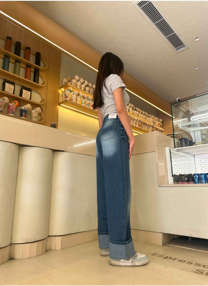 CIZARO - The Uptown Wide Leg - Navy Blue Cuffed Jeans. - Image 1