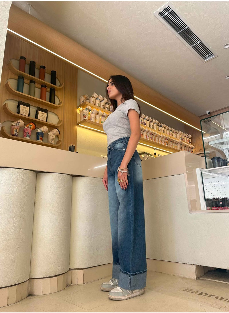 CIZARO - The Uptown Wide Leg - Navy Blue Cuffed Jeans. - Image 1