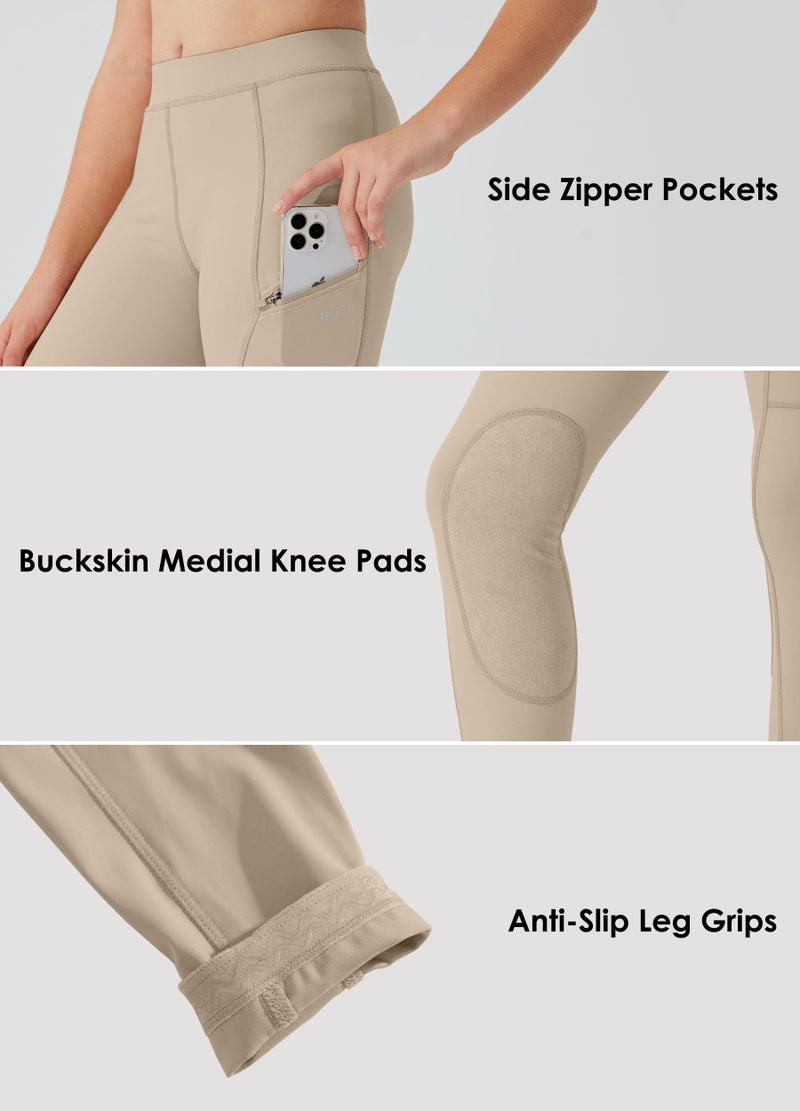 Willit Girls Horse Riding Pants Tights Kids Equestrian Breeches Knee-Patch Youth Schooling Tights Zipper Pockets Khaki S - Image 3