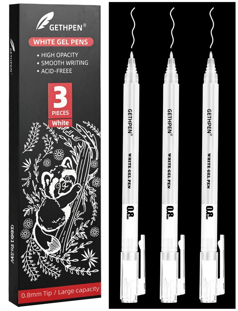 GETHPEN White Gel Pens, 0.8mm Fine Point Gel Ink Pen Set â€“ 3 Pack Opaque Archival Ink for Black Paper Drawing, Sketching, Card Making & Bullet Journaling - Image 1