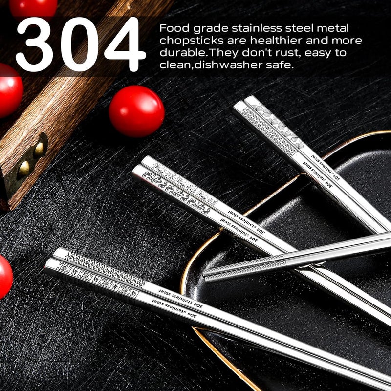 NEWDRIP 8 Pairs Metal Chopsticks Reusable 18/8 Stainless Steel Chopsticks Set Cute Laser Engraved Non-slip Japanese Korean Chinese Chopstick for Cooking Eating Dishwasher Safe 9.25" Chop Sticks Gift Set - Image 4