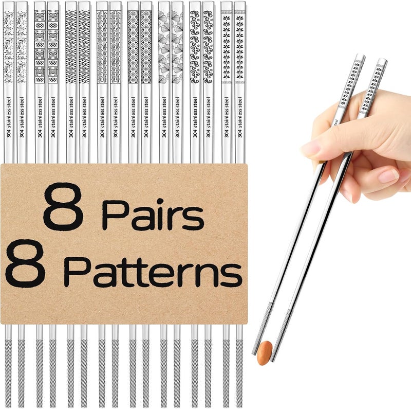 NEWDRIP 8 Pairs Metal Chopsticks Reusable 18/8 Stainless Steel Chopsticks Set Cute Laser Engraved Non-slip Japanese Korean Chinese Chopstick for Cooking Eating Dishwasher Safe 9.25" Chop Sticks Gift Set - Image 1