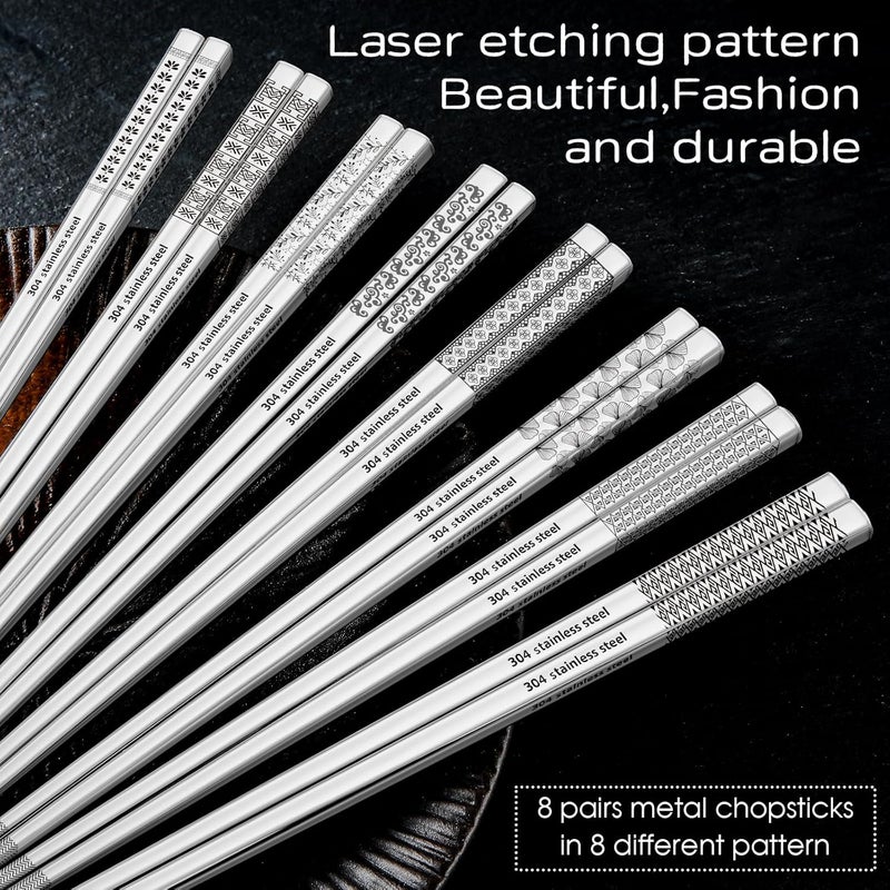 NEWDRIP 8 Pairs Metal Chopsticks Reusable 18/8 Stainless Steel Chopsticks Set Cute Laser Engraved Non-slip Japanese Korean Chinese Chopstick for Cooking Eating Dishwasher Safe 9.25" Chop Sticks Gift Set - Image 2