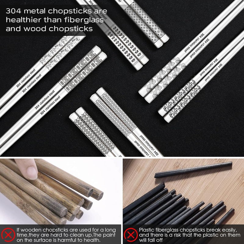 NEWDRIP 8 Pairs Metal Chopsticks Reusable 18/8 Stainless Steel Chopsticks Set Cute Laser Engraved Non-slip Japanese Korean Chinese Chopstick for Cooking Eating Dishwasher Safe 9.25" Chop Sticks Gift Set - Image 5