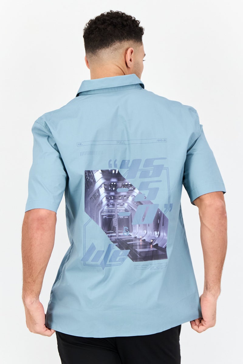 SELECTED Men Regular Fit Graphic Print Short Sleeves Casual Shirt, Blue - Image 2