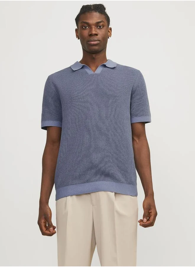 جاك اند جونز Solid Knit Split Neck Short Sleeves Polo