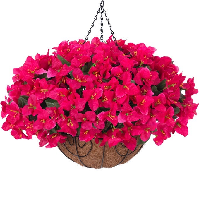 ARTIFICIAL FAKE HANGING FLOWERS PLANTS BASKET FOR OUTDOORS SPRING SUMMER DECORATION FAUX SILK BOUGAINVILLEA FLOWERS IN PLANTER UV RESISTANT REALISTIC FOR OUTSIDE PORCH PATIO GARDEN YARD HOME HOTPINK