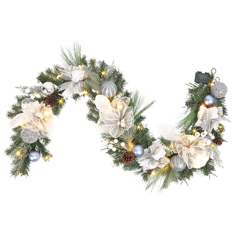 Vofuly Vofuly Prelit 6 feet Winter White Silver Christmas Garland Decor 20 LED LightsGarland with Balls and Ribbon BowXmas Decoration on Mantle Fireplace Front Door Indoor OutdoorBattery Operated
