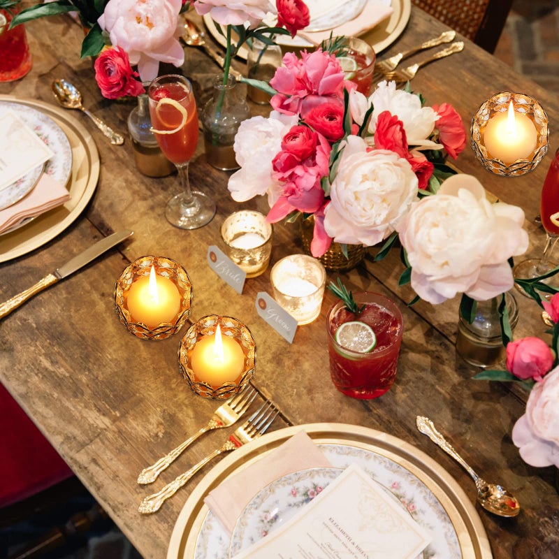 Potchen 30 Pieces Crystal Tealight Candle Holders Bulk, Votive Candle Holder Stands with Diamond Design for Table Centerpieces Wedding Party Home Decor and Holiday Favors (Gold) - Image 5