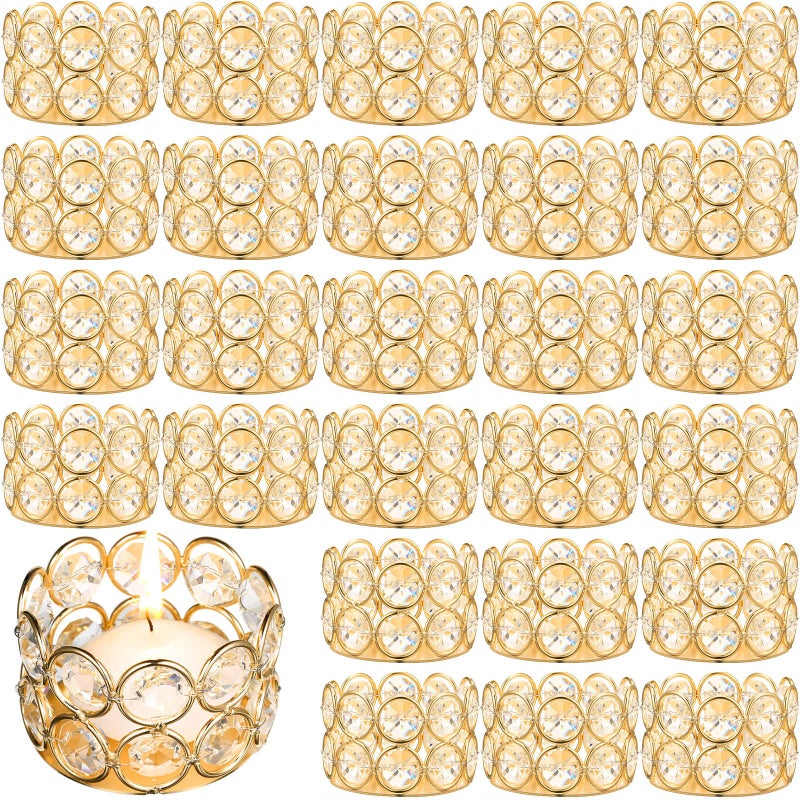 Potchen 30 Pieces Crystal Tealight Candle Holders Bulk, Votive Candle Holder Stands with Diamond Design for Table Centerpieces Wedding Party Home Decor and Holiday Favors (Gold) - Image 1