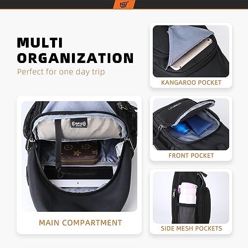 SKYSPER Sling Bag RFID Crossbody Sling Backpack Cross Body Shoulder Bag Travel Hiking Daypack for Women Men(Black) - Image 2