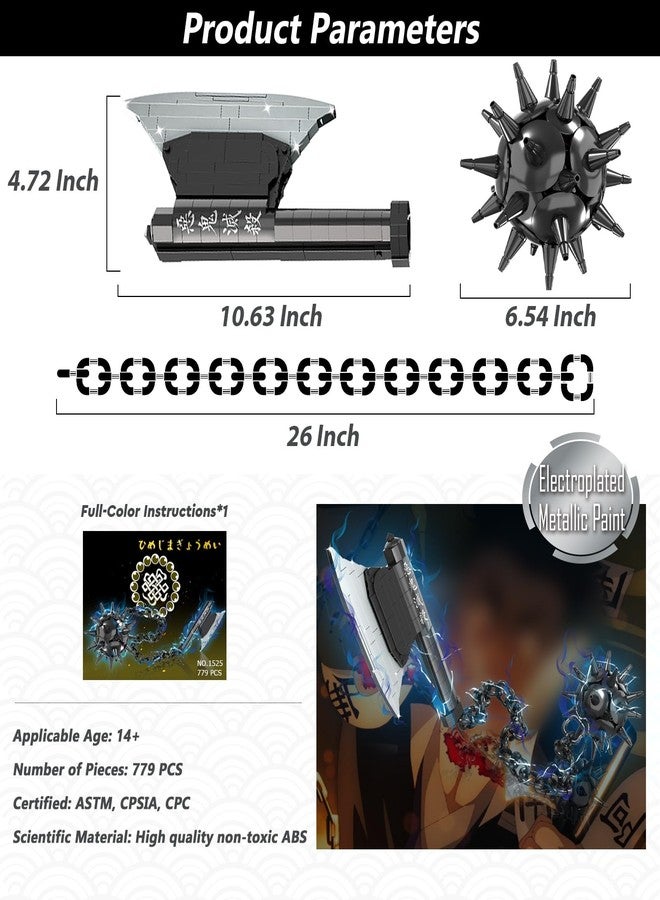 HIGH GODO Demon Anime Sword Building Set, 43in Axe and Meteor Hammer Block Kit, Creative Gyomei Himejima Weapon Building Blocks Set Gifts Toys for Adults Teens 14+ (779 PCS) - Image 3