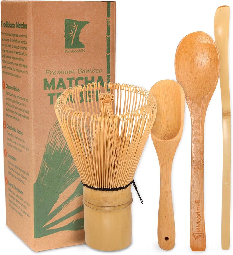 BambooMN Matcha Whisk Set - Golden Chasen (Tea Whisk) + Chashaku (Hooked Bamboo Scoop) + Tea Spoon - 1 Set - Premium Matcha Set to Prepare a Traditional Cup of Matcha - Image 1