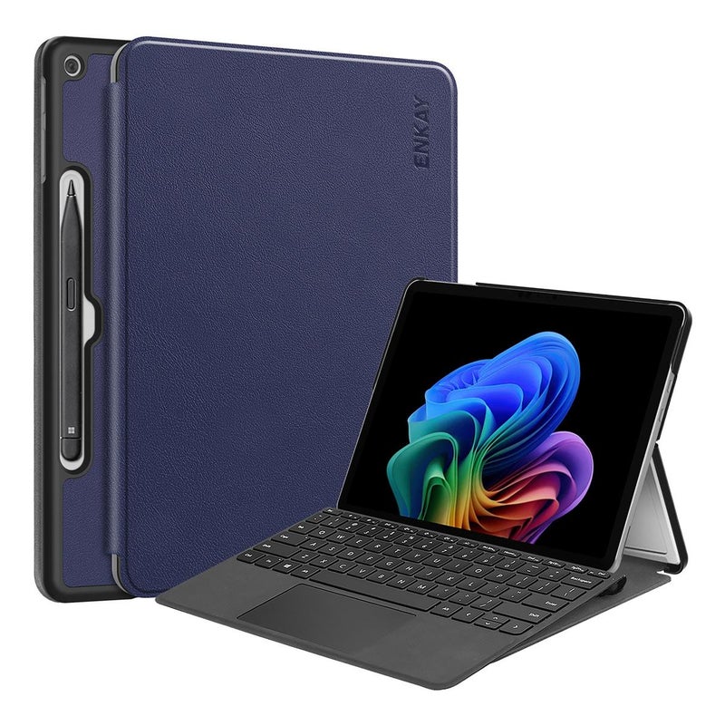 For Microsoft Surface Pro 12 2025 Tri-Fold Custer Texture Voltage Leather Stand Tablet Case With Pen Slot(Dark Blue) - Image 1