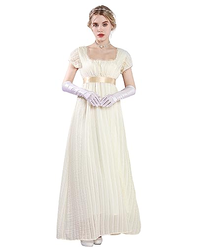 FCCAM FCCAM FCCAM Regency Dresses for Women Empire Waist Dress Gown with Satin Sash Regency Era Dress Yellow L - Image 2