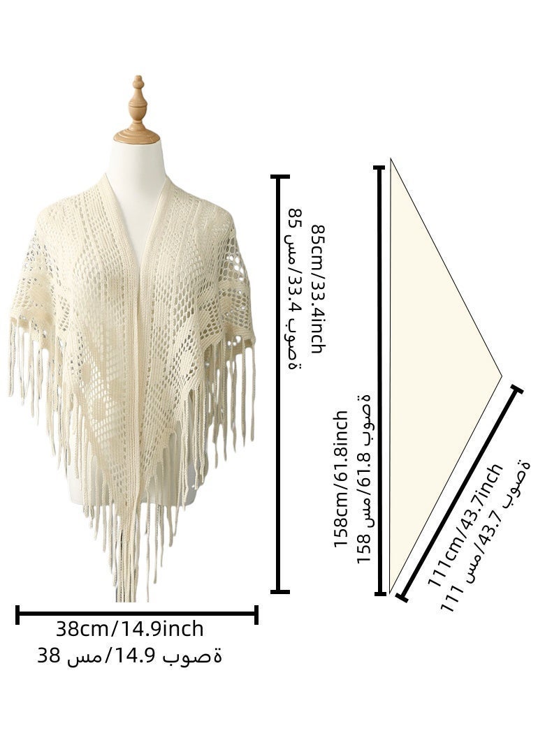 New Women Solid Color Triangle Tassel Knit Scarf, Cashew Pattern Plain Knitted Wrap Triangle Shawl - Image 2