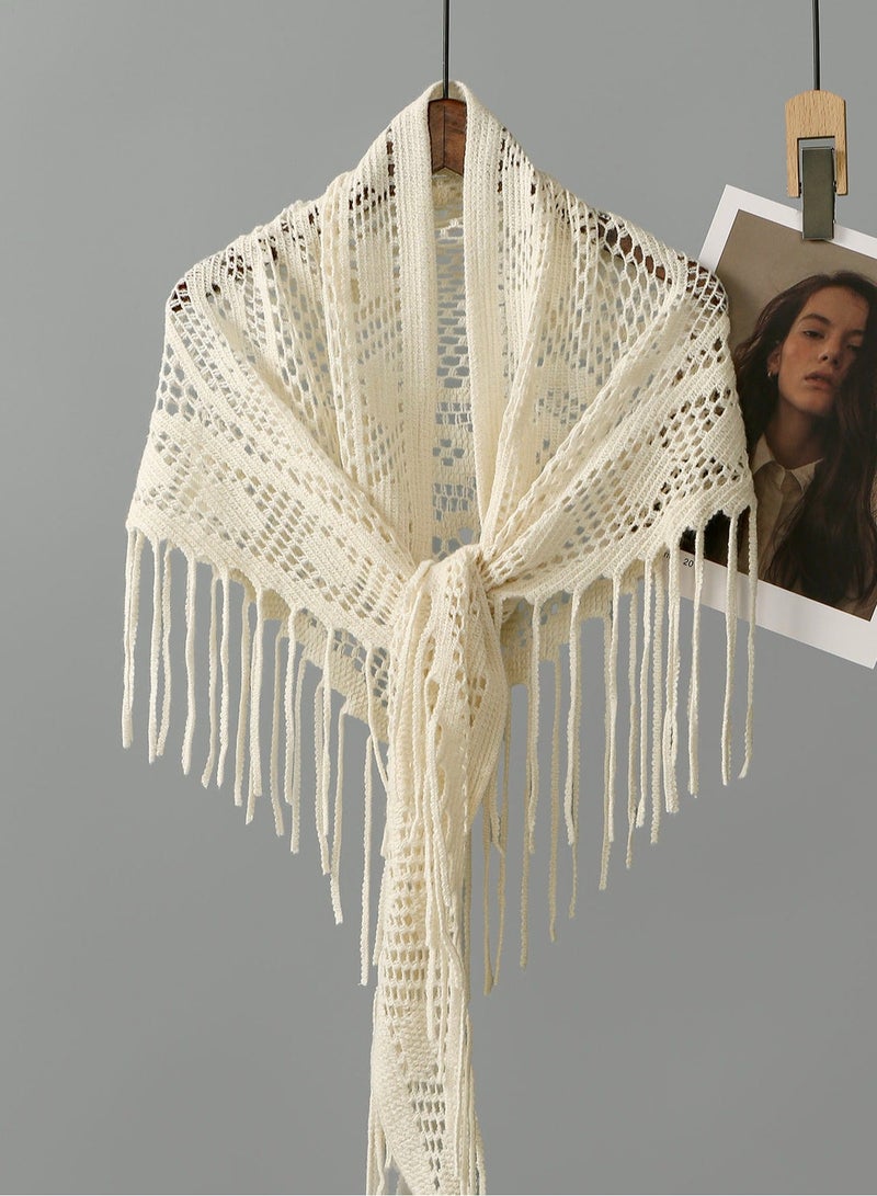 New Women Solid Color Triangle Tassel Knit Scarf, Cashew Pattern Plain Knitted Wrap Triangle Shawl - Image 1