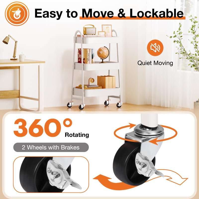 NEWBULIG 3-Tier Rolling Utility Cart with Locking Wheels, Slim Metal Mobile Storage Organizer Shelf for Small Spaces, Bathroom, Living Room, White - Image 3