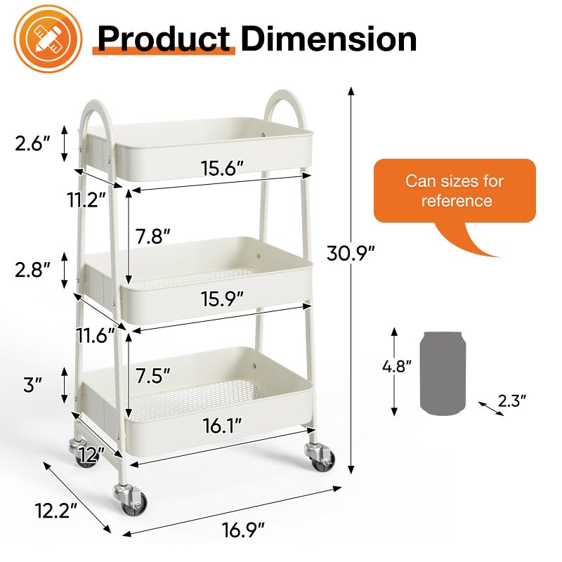NEWBULIG 3-Tier Rolling Utility Cart with Locking Wheels, Slim Metal Mobile Storage Organizer Shelf for Small Spaces, Bathroom, Living Room, White - Image 4