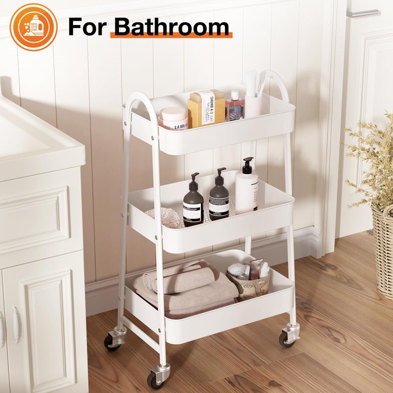 NEWBULIG 3-Tier Rolling Utility Cart with Locking Wheels, Slim Metal Mobile Storage Organizer Shelf for Small Spaces, Bathroom, Living Room, White - Image 5