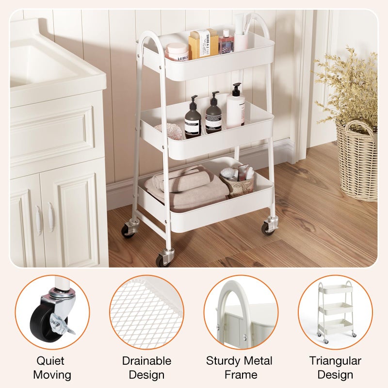 NEWBULIG 3-Tier Rolling Utility Cart with Locking Wheels, Slim Metal Mobile Storage Organizer Shelf for Small Spaces, Bathroom, Living Room, White - Image 2