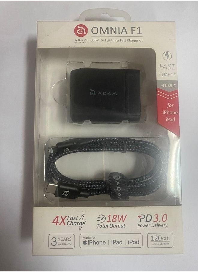 ADAM ELEMENTS ADAM ELEMENTS OMNIA F1 USB-C PD 18W Fast Wall Charger KIT WITH USB C TO LIGHTNING FAST CHARGE CABLE BLACK  - Image 1
