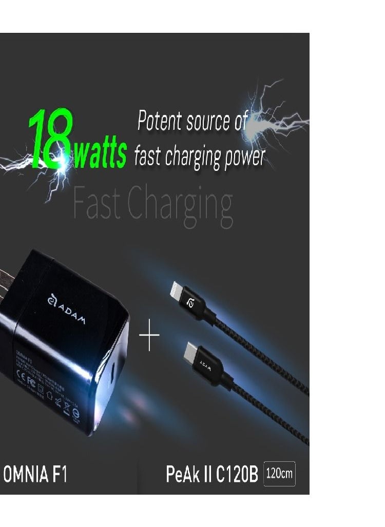 ADAM ELEMENTS ADAM ELEMENTS OMNIA F1 USB-C PD 18W Fast Wall Charger KIT WITH USB C TO LIGHTNING FAST CHARGE CABLE BLACK  - Image 2