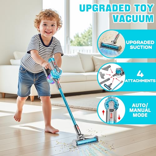 BLAXTEM 4in1 Kids Toy Vacuum That Works with Suction Electric Toddler Toy Vacuum Cleaner for Children Ages 3 4 5 6 Boys GirlsToddlers Toys Cleaning Set for Pretend Play Cyan - Image 5
