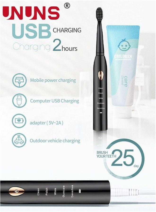 UNUNS Ultrasonic Electric Toothbrush,5 Modes USB Rechargeable Smart Toothbrush,4 Replacement Brush Heads,Built-in 2-Minute Timer,Black - Image 4