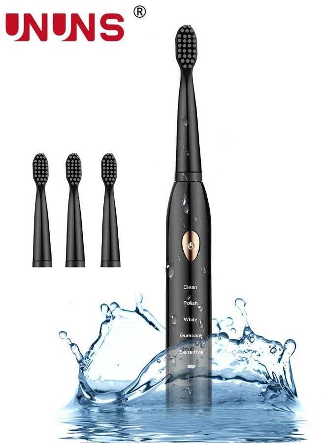 UNUNS Ultrasonic Electric Toothbrush,5 Modes USB Rechargeable Smart Toothbrush,4 Replacement Brush Heads,Built-in 2-Minute Timer,Black - Image 1