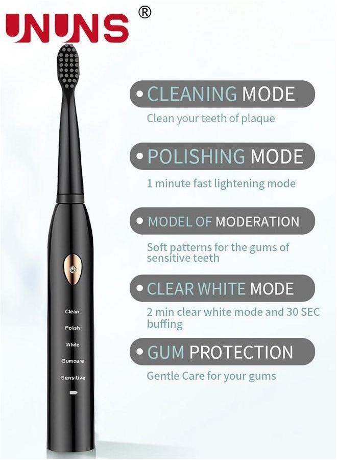 UNUNS Ultrasonic Electric Toothbrush,5 Modes USB Rechargeable Smart Toothbrush,4 Replacement Brush Heads,Built-in 2-Minute Timer,Black - Image 2