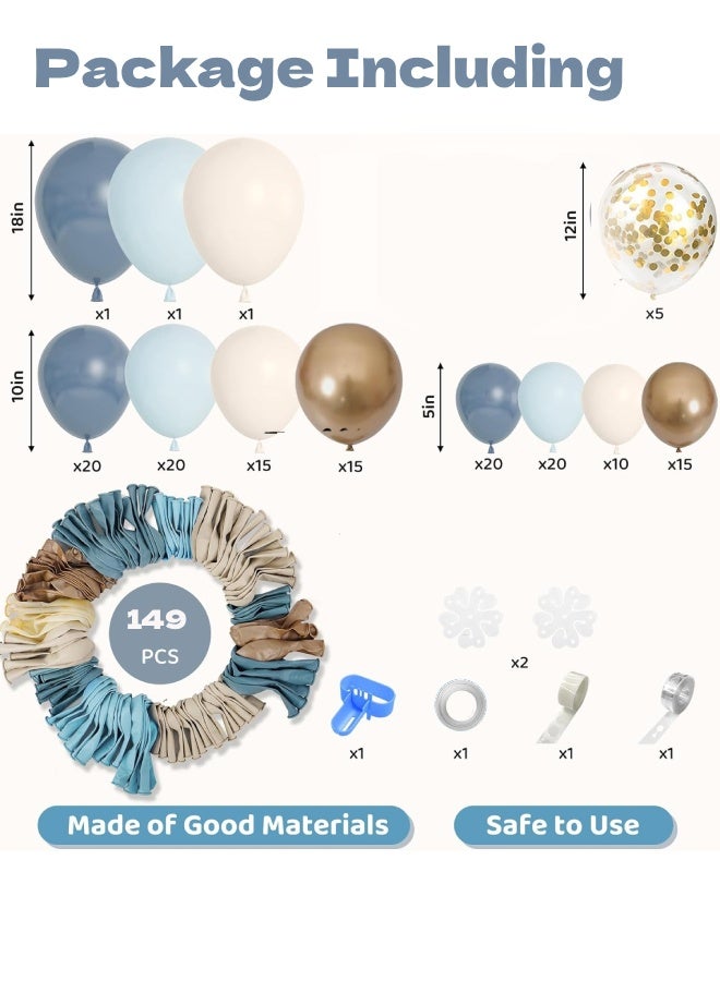 فَرَحُوم طقم قوس بالونات أزرق غامق 149 قطعة – بأحجام مختلفة (18 و12 و10 و5 بوصة) من البالونات الزرقاء والبيضاء والرملية المصنوعة من اللاتكس، مع بالونات معدنية وكونفيتي ذهبية – لتزيين حفلات أعياد ميلاد الأولاد، حفلات الزفاف، التخرج، حفلات المواليد بأسلوب بوهيمي، وغيرها من المناسبات. - Image 2