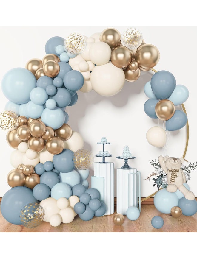 فَرَحُوم طقم قوس بالونات أزرق غامق 149 قطعة – بأحجام مختلفة (18 و12 و10 و5 بوصة) من البالونات الزرقاء والبيضاء والرملية المصنوعة من اللاتكس، مع بالونات معدنية وكونفيتي ذهبية – لتزيين حفلات أعياد ميلاد الأولاد، حفلات الزفاف، التخرج، حفلات المواليد بأسلوب بوهيمي، وغيرها من المناسبات. - Image 1