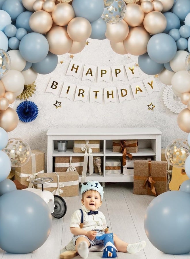 فَرَحُوم طقم قوس بالونات أزرق غامق 149 قطعة – بأحجام مختلفة (18 و12 و10 و5 بوصة) من البالونات الزرقاء والبيضاء والرملية المصنوعة من اللاتكس، مع بالونات معدنية وكونفيتي ذهبية – لتزيين حفلات أعياد ميلاد الأولاد، حفلات الزفاف، التخرج، حفلات المواليد بأسلوب بوهيمي، وغيرها من المناسبات. - Image 4