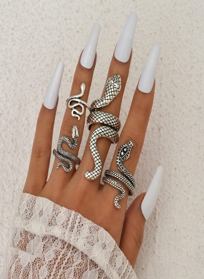 WLL 4 Pcs Snake Ring for women Vintage Punk Snake Open Rings Adjustable Gothic Knuckle Rings Halloween Jewelry (A:silver 4pcs) - Image 3