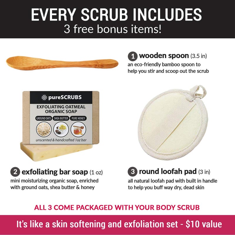 pureSCRUBS Premium Coconut Body Scrub Set - Large 16oz Dead Sea Salt Body Scrub With Infused Essential Oils & Nutrients, Includes Wooden Spoon, Loofah & Oatmeal Exfoliating Bar Soap - Image 4