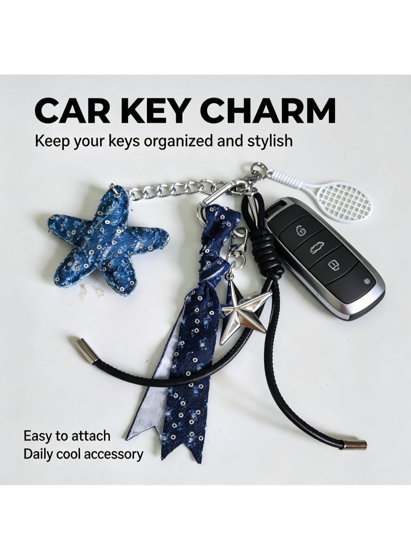 Teeny Baby Y2K Denim Star Bag Charm Keychain with Metal Snap Hooks and Badminton Racket Charm - Image 1