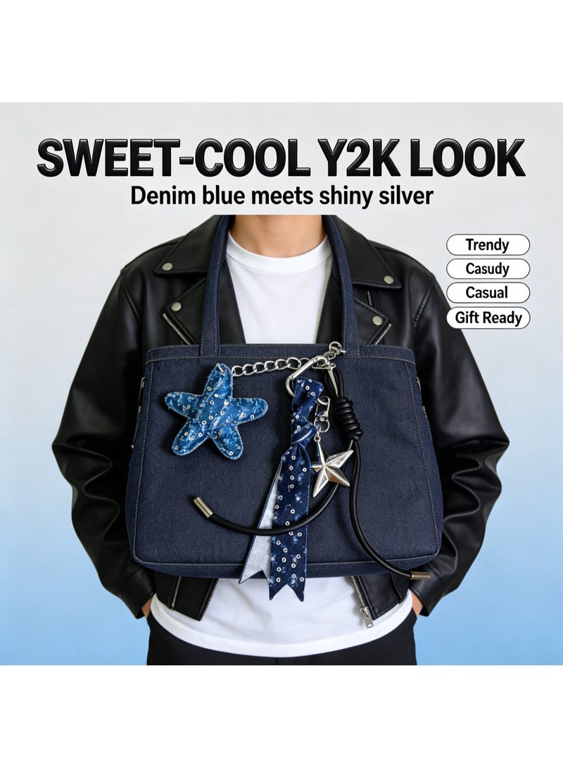 Teeny Baby Y2K Denim Star Bag Charm Keychain with Metal Snap Hooks and Badminton Racket Charm - Image 3