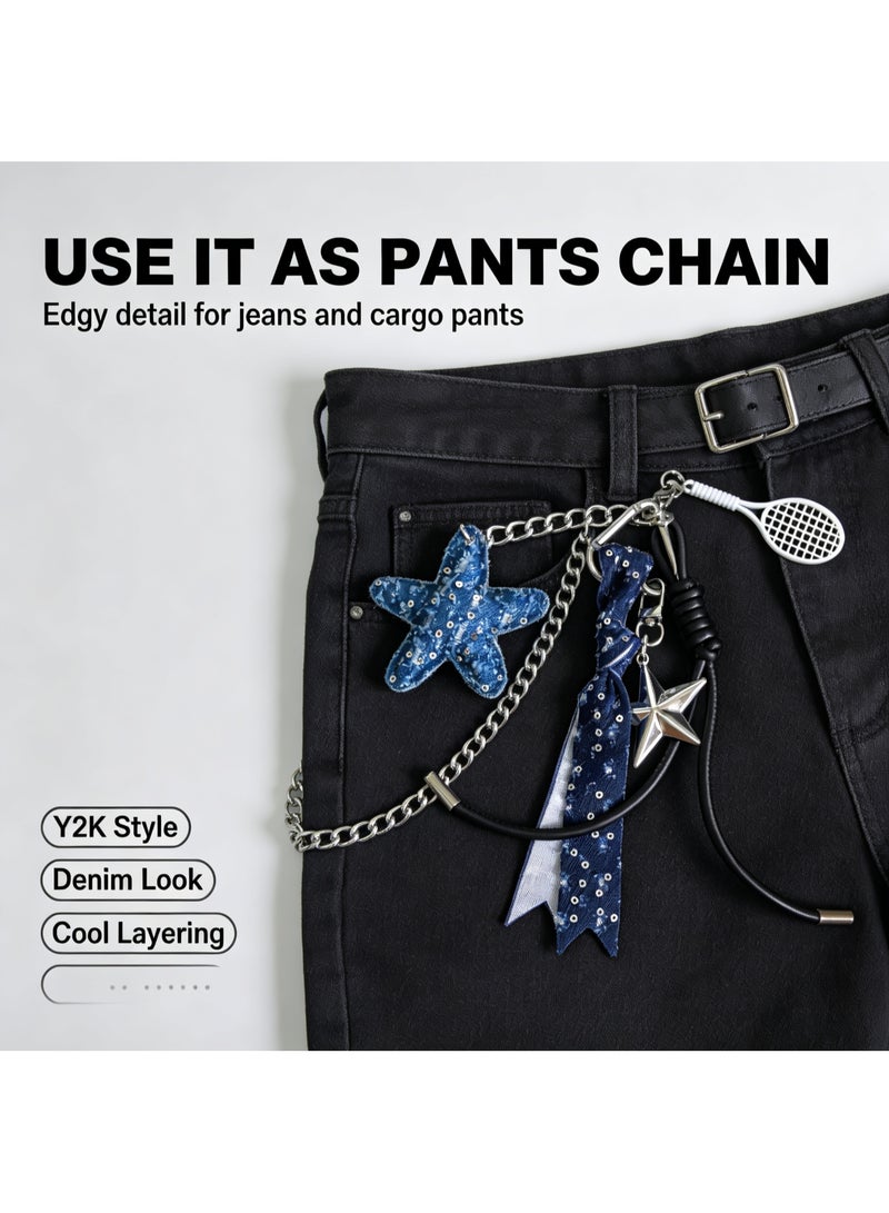 Teeny Baby Y2K Denim Star Bag Charm Keychain with Metal Snap Hooks and Badminton Racket Charm - Image 5