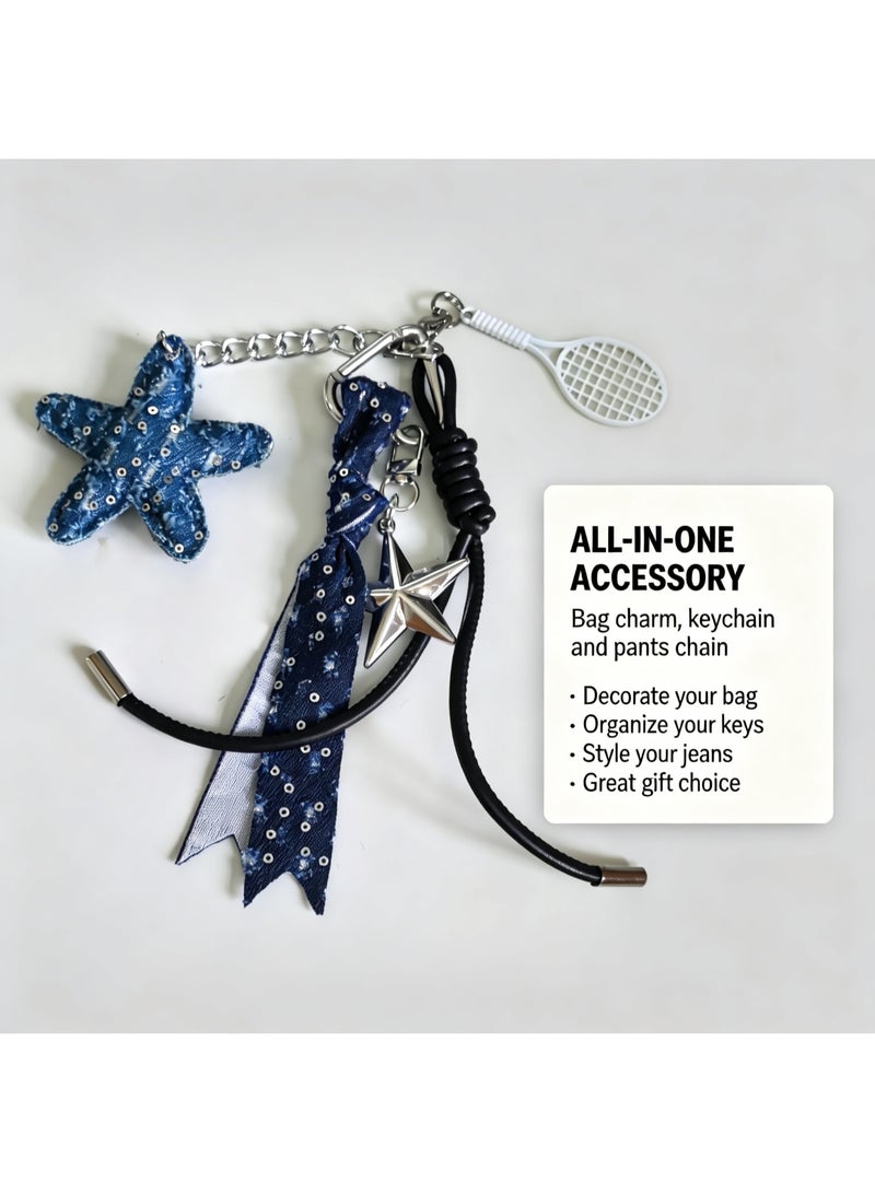 Teeny Baby Y2K Denim Star Bag Charm Keychain with Metal Snap Hooks and Badminton Racket Charm - Image 4