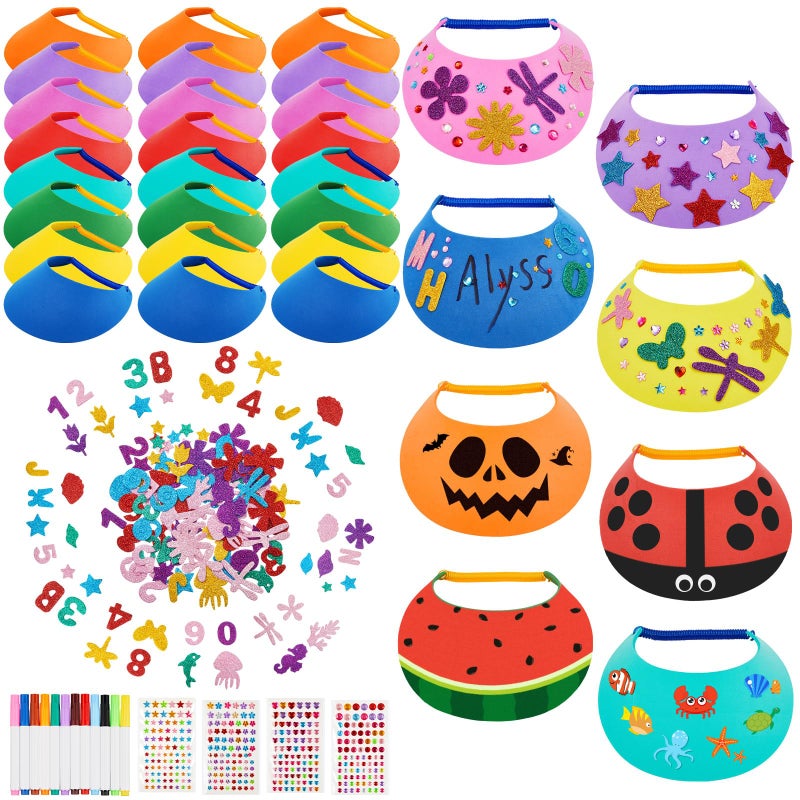 Outus 35 Pcs Assorted Craft Decorations with 24 Foam Visors for Kids DIY Sun Visor Kit with Stickers Markers for Arts Crafts Activities Bright Color - Image 2