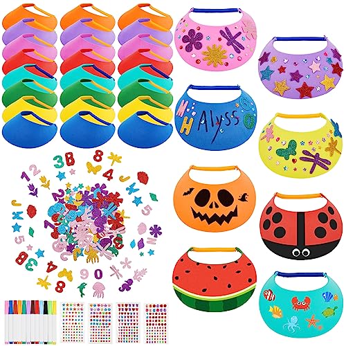 Outus 35 Pcs Assorted Craft Decorations with 24 Foam Visors for Kids DIY Sun Visor Kit with Stickers Markers for Arts Crafts Activities Bright Color - Image 1