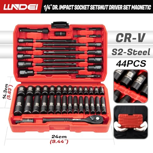 LLNDEI 1/4" Drive Socket Set & Nut Driver Set 44PCS, 1/4-Inch Sockets Deep&Shallow Metric(4-15mm) with Ratchet, 1/4" Hex Shank 6" Long Nut Drivers(6-14mm) for Impact Drill Bits(PH1 PH2) - Image 2